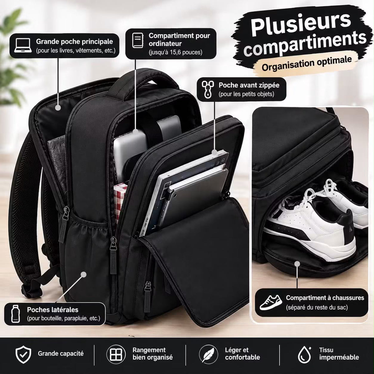 Sac à Dos Multifonction Multi-Poches – Pour Ordinateur, Voyage & Usage Quotidien
