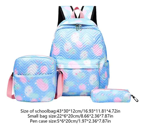 Ensemble Sac à Dos Scolaire 3 en 1 Fille – Motif Chevron Tie-Dye Pastel avec Sac Bandoulière et Trousse