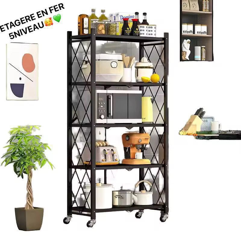 Étagère de Rangement en Fer à 5 Niveaux avec Roulettes