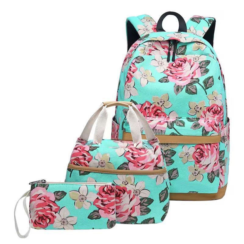 Ensemble Sac à Dos Scolaire 3 en 1 Fille – Motif Floral Turquoise avec Sac Isotherme et Trousse
