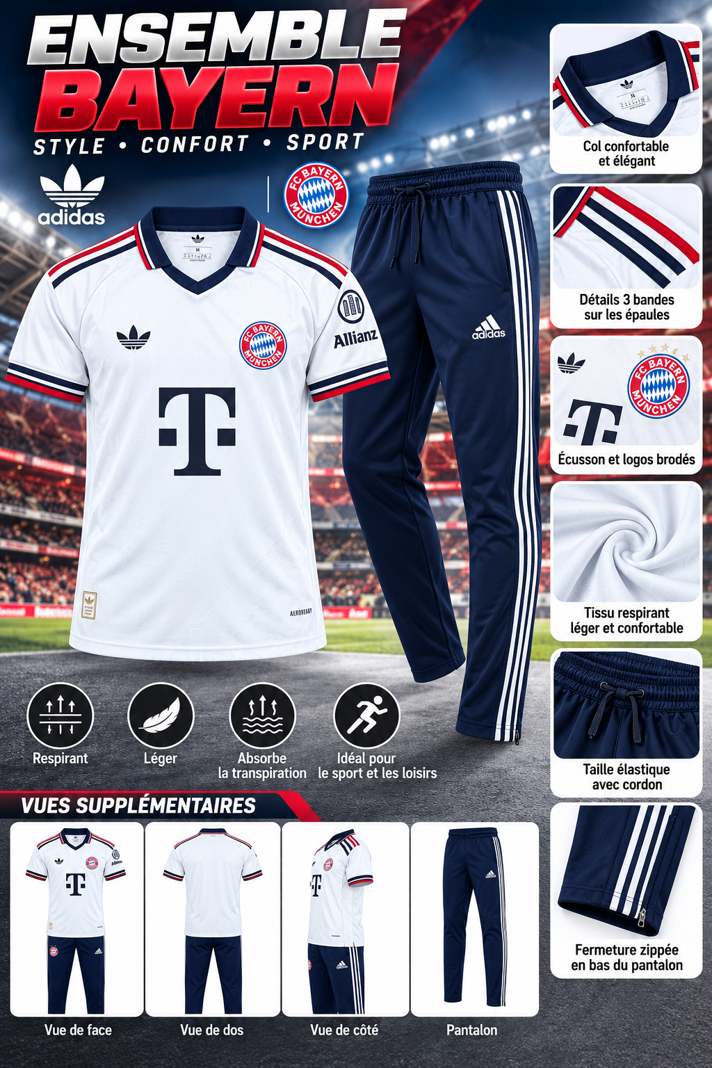 Ensemble Bayern Munich Homme Blanc et Bleu Marine – Maillot + Pantalon