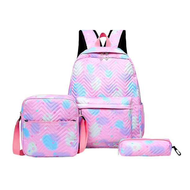 Ensemble Sac à Dos Scolaire 3 en 1 Fille – Motif Chevron Tie-Dye Pastel avec Sac Bandoulière et Trousse
