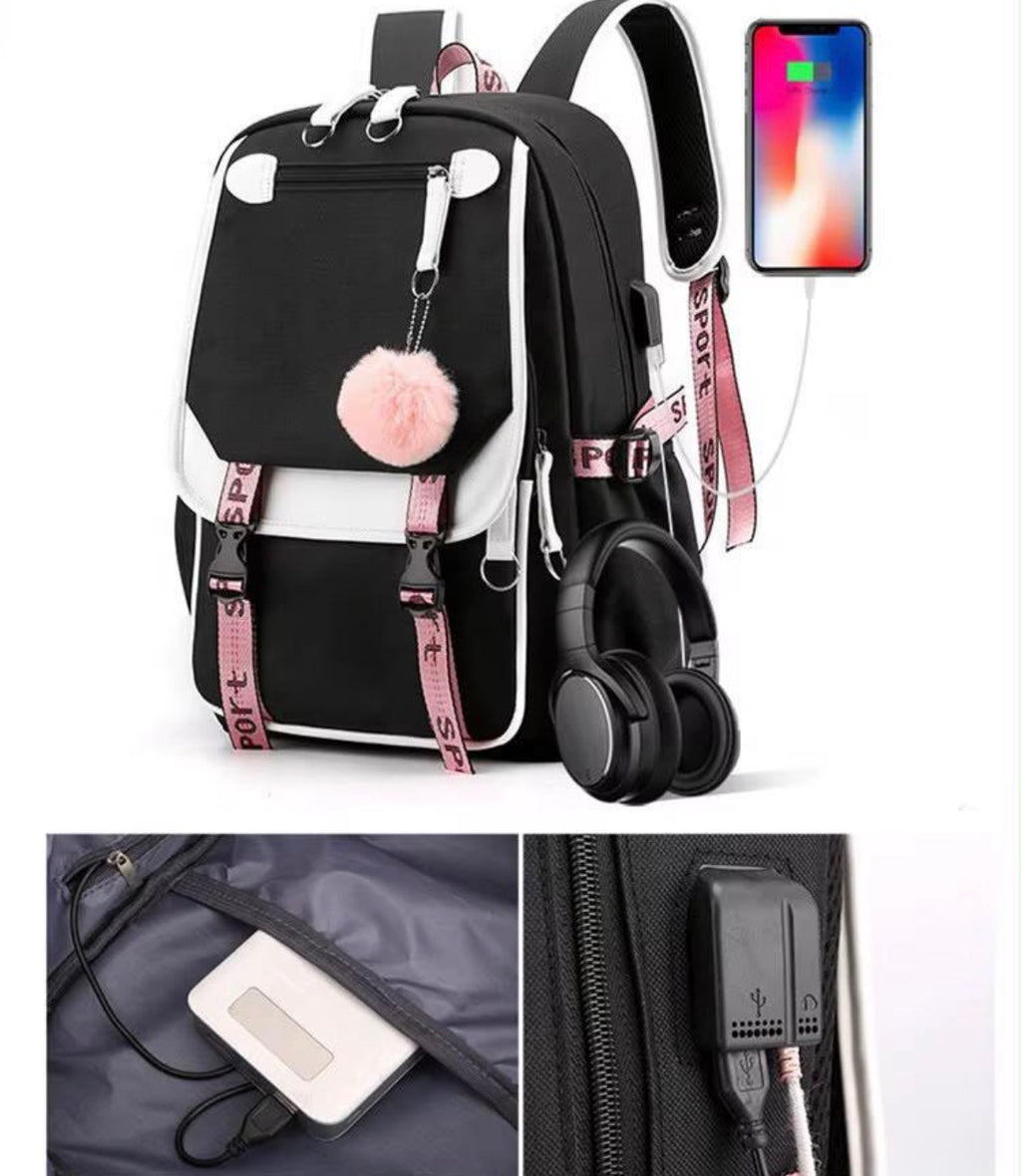 Sac à Dos Scolaire Fille & Ado – Style Coréen Kawaii avec Port USB & Pompom Rose