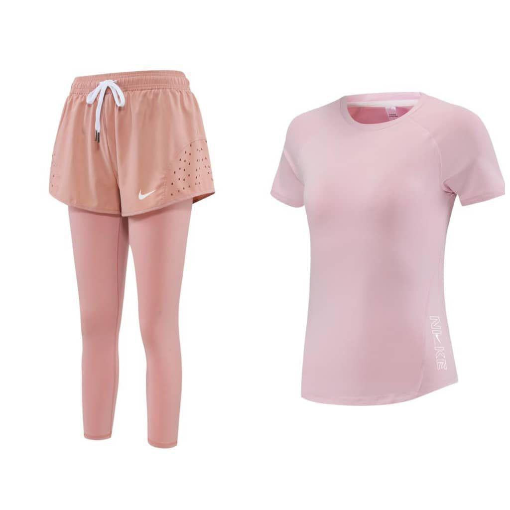 Ensemble de Sport Femme – Legging 2-en-1 avec Short + T-Shirt Fitness