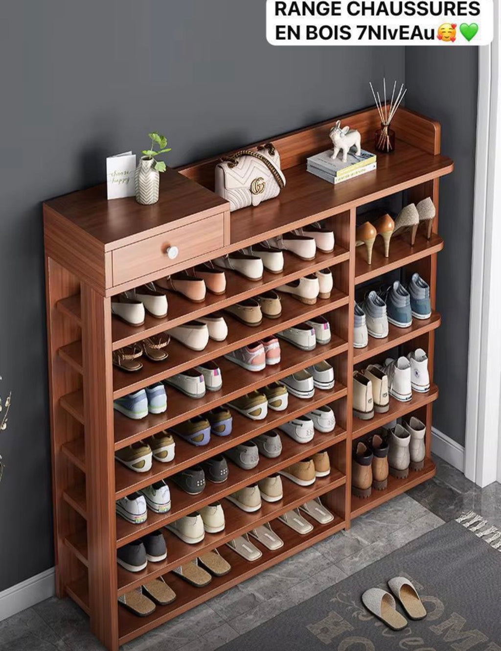 Meuble range-chaussures en bois à 7 niveaux – Grande capacité avec tiroir