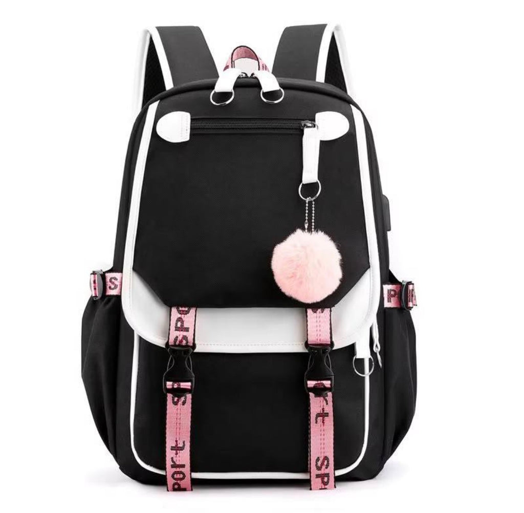 Sac à Dos Scolaire Fille & Ado – Style Coréen Kawaii avec Port USB & Pompom Rose