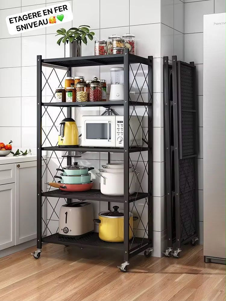 Étagère de Rangement en Fer à 5 Niveaux avec Roulettes