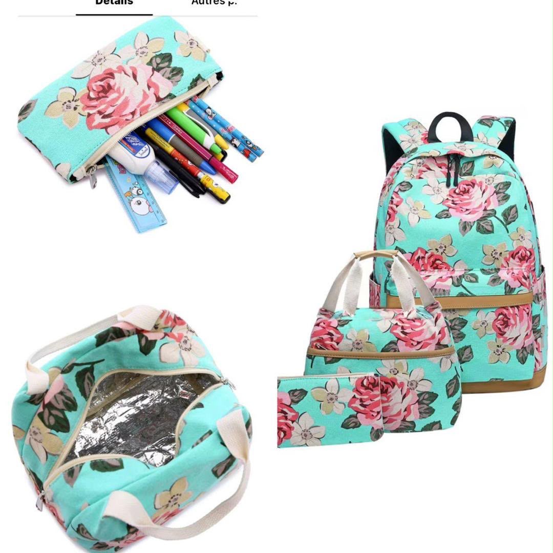 Ensemble Sac à Dos Scolaire 3 en 1 Fille – Motif Floral Turquoise avec Sac Isotherme et Trousse