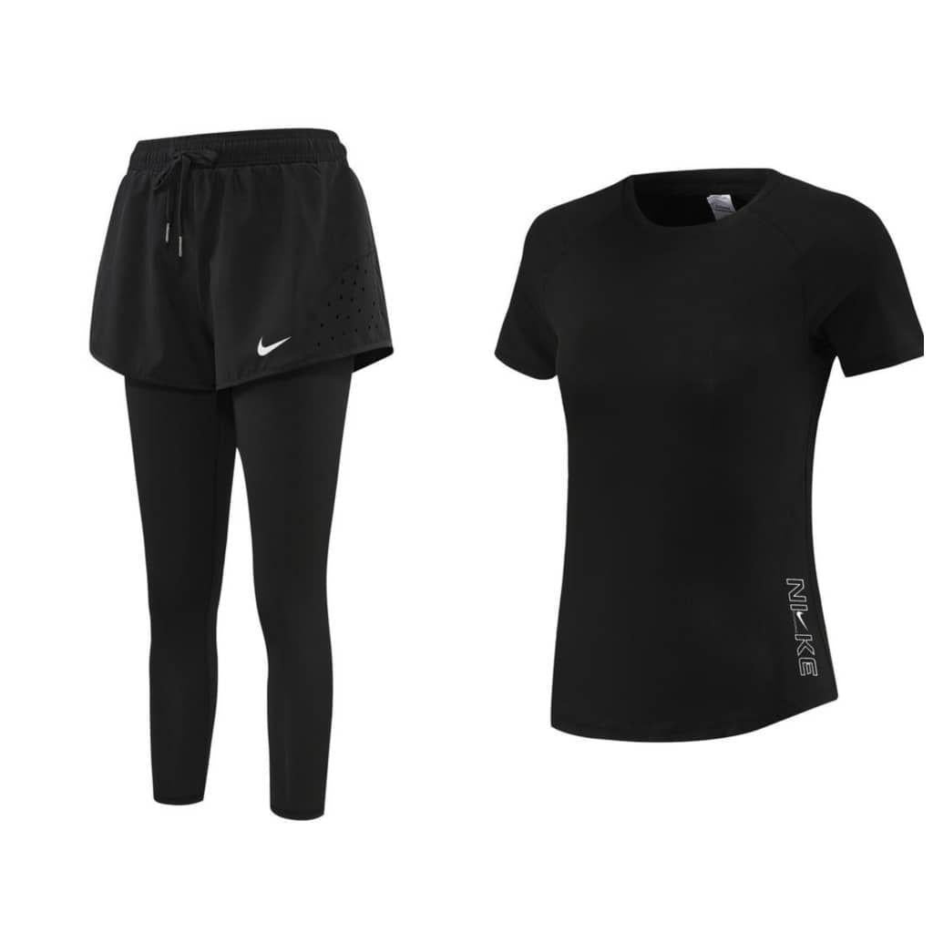 Ensemble de Sport Femme – Legging 2-en-1 avec Short + T-Shirt Fitness