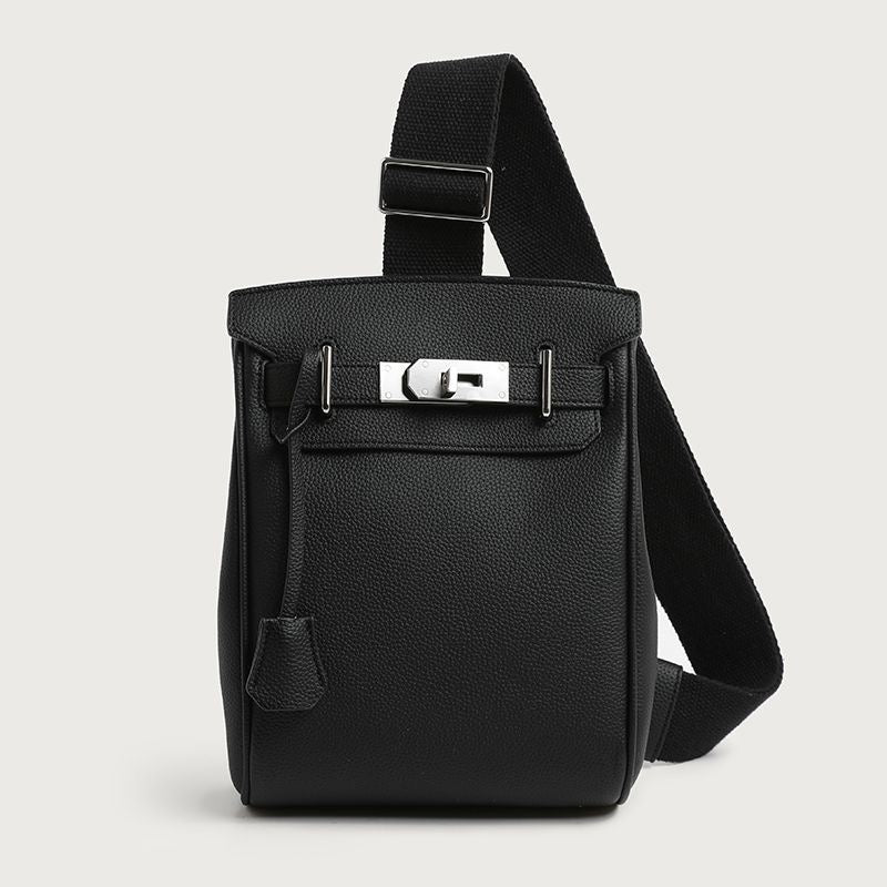 Sac à Bandoulière Homme Noir Élégant avec Fermoir Métallique Argenté