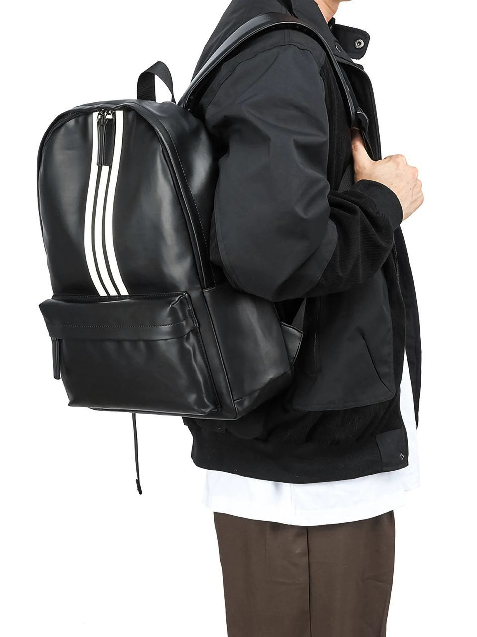 Sac à dos homme en cuir PU – Design élégant à bandes blanches