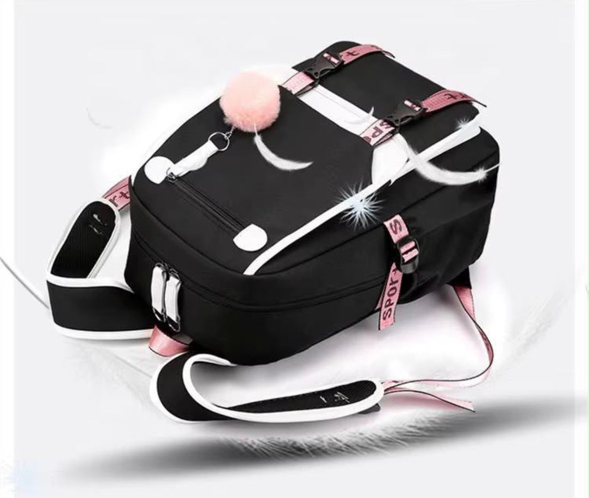 Sac à Dos Scolaire Fille & Ado – Style Coréen Kawaii avec Port USB & Pompom Rose