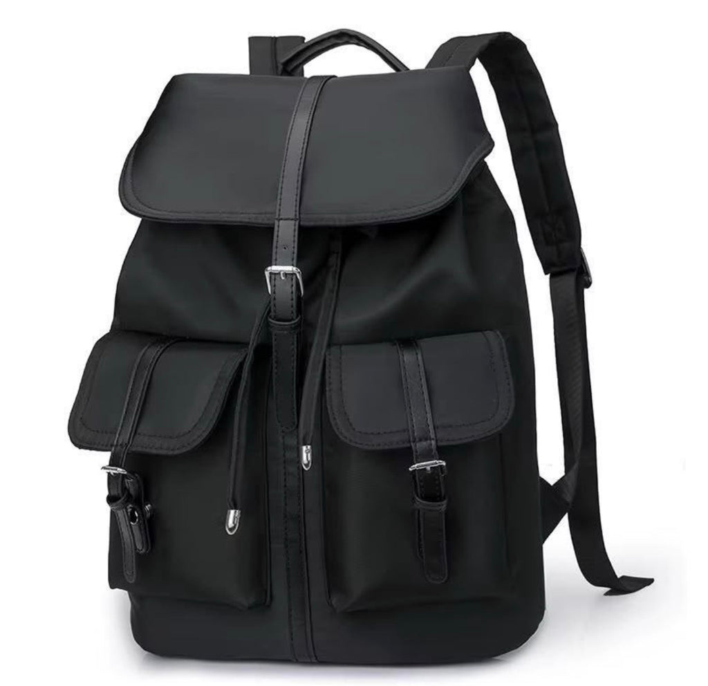Sac à Dos Noir Chic en Nylon – Style Vintage avec Pochettes à Boucle