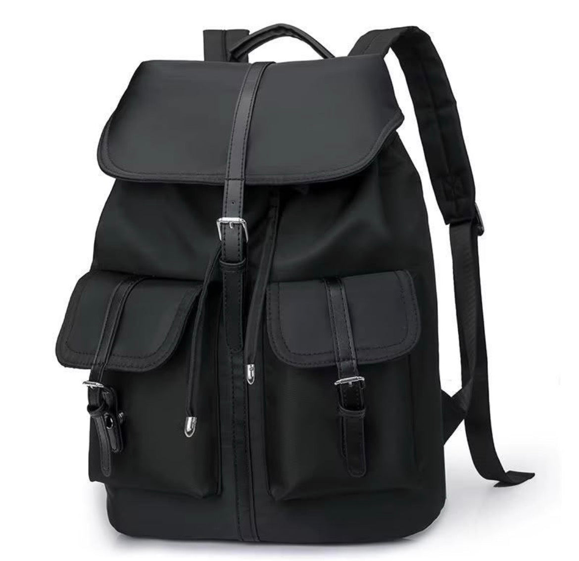 Sac à Dos Noir Chic en Nylon – Style Vintage avec Pochettes à Boucle