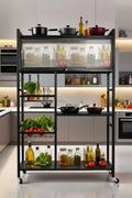 Meuble de Rangement Cuisine sur Roulettes – Desserte Multifonction avec Placard Vitré en Métal Noir
