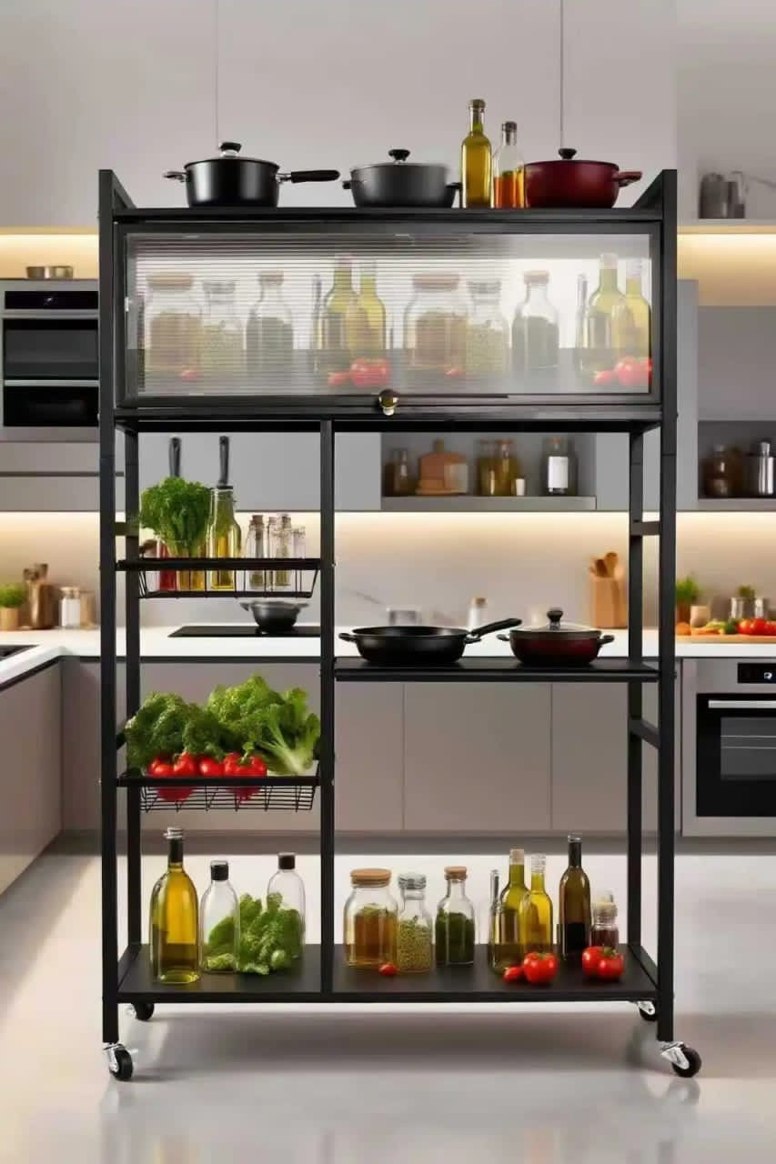 Meuble de Rangement Cuisine sur Roulettes – Desserte Multifonction avec Placard Vitré en Métal Noir