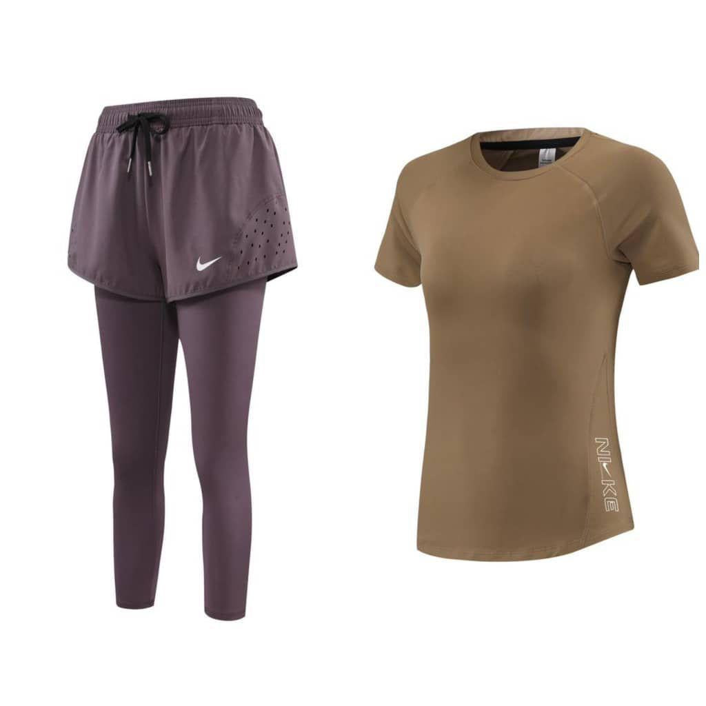 Ensemble de Sport Femme – Legging 2-en-1 avec Short + T-Shirt Fitness