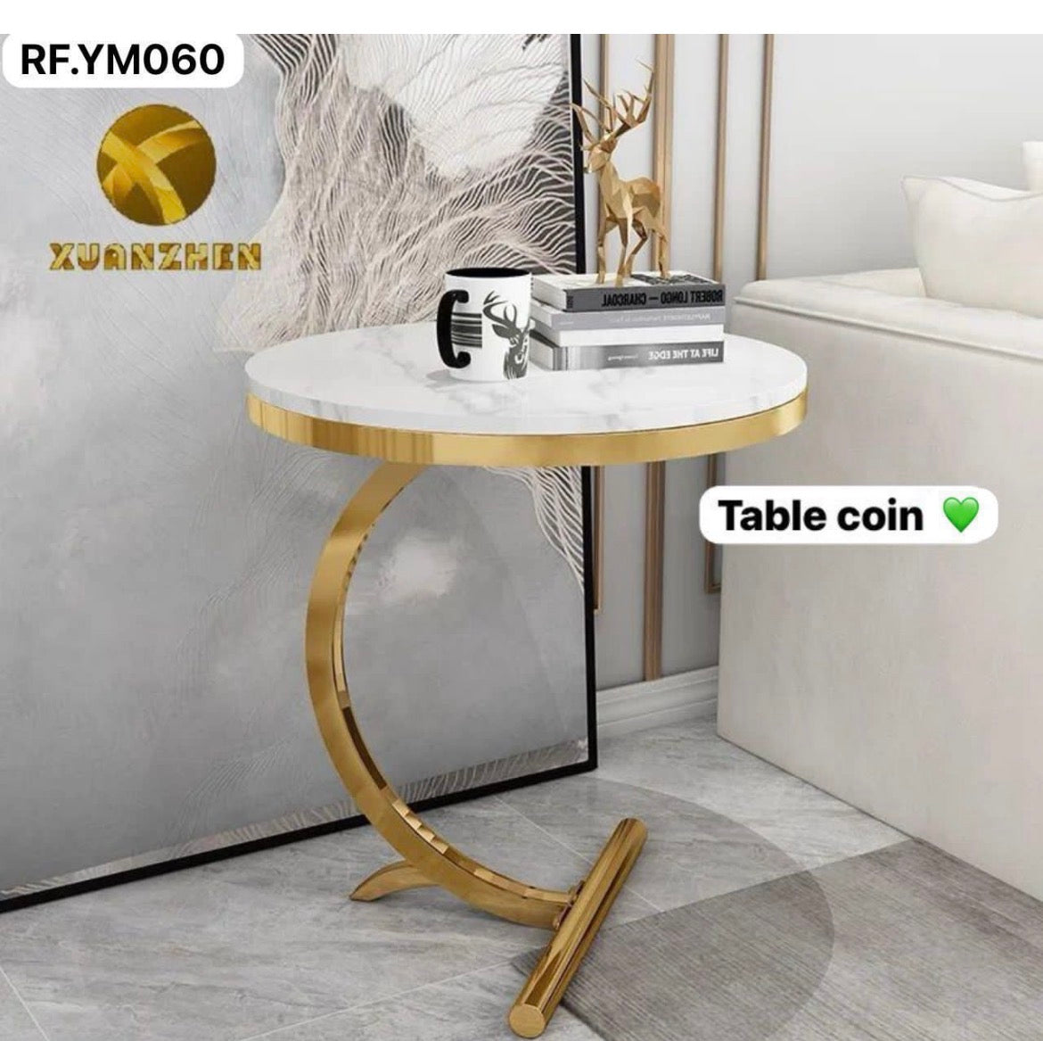 Table d’appoint ronde effet marbre blanc et finition dorée – Design moderne
