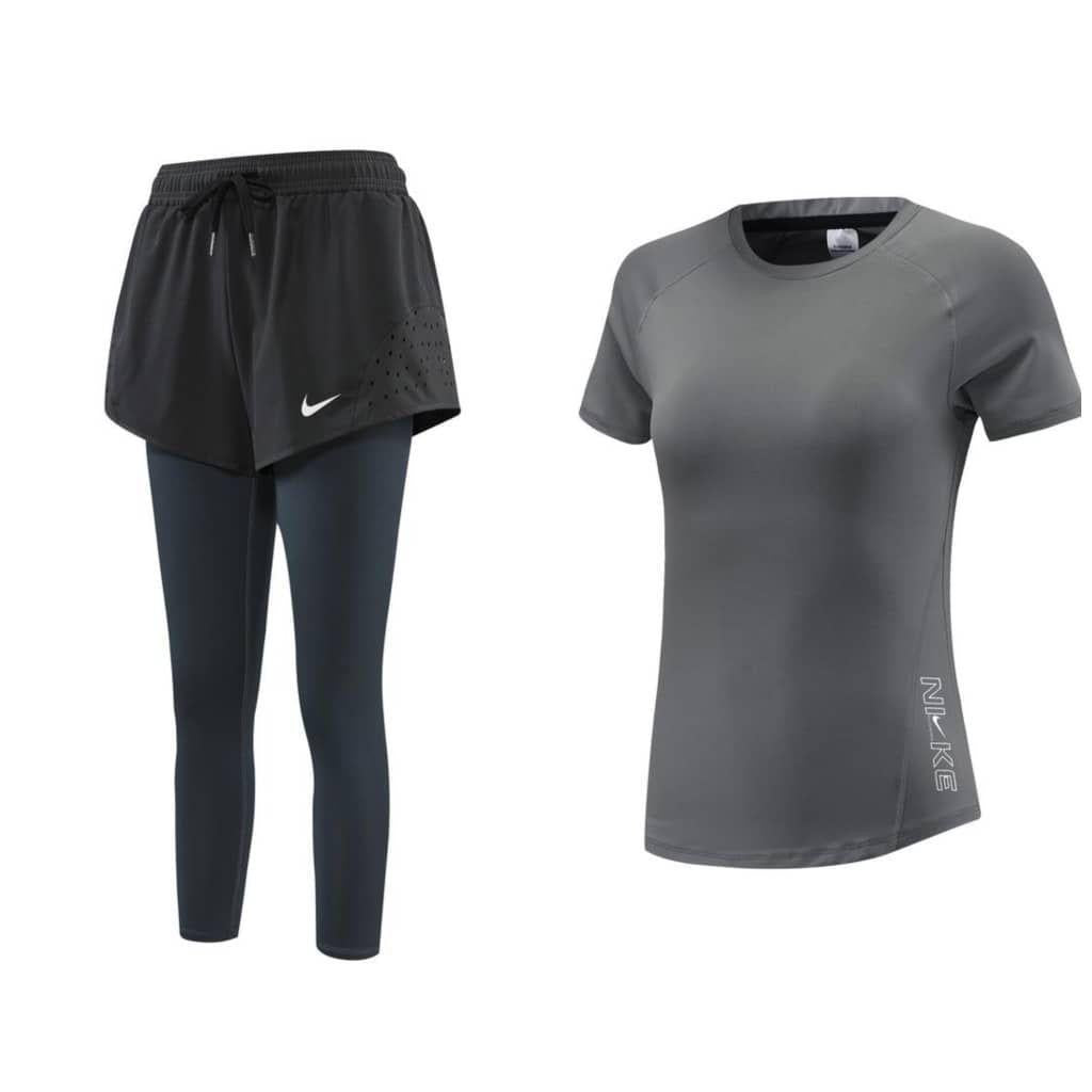 Ensemble de Sport Femme – Legging 2-en-1 avec Short + T-Shirt Fitness